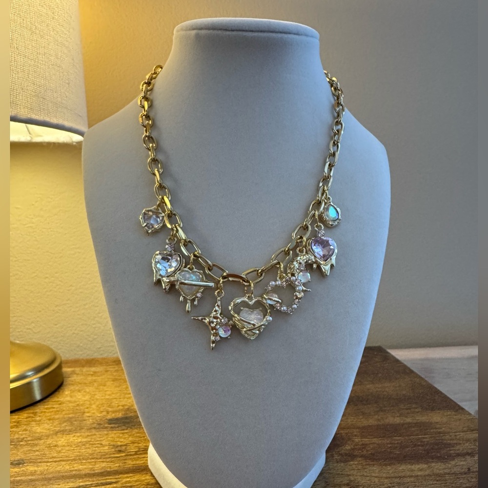 Gold Charm Necklace Crystal Heart Star Chunky Chain Y2K